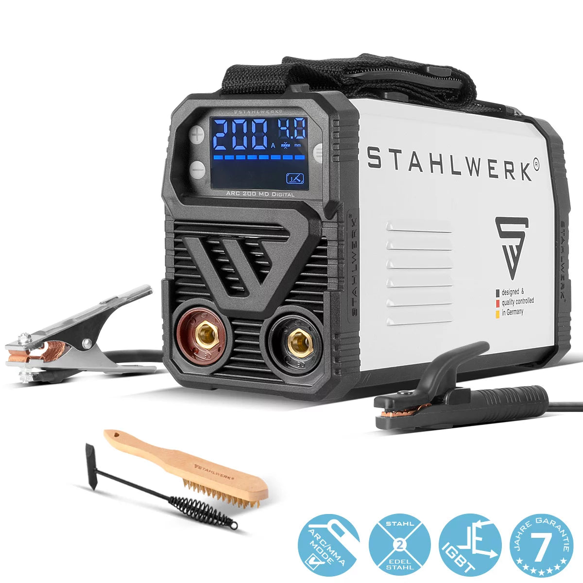Máquina de soldadura de Steelworks ARC 200 MD Digital - DC MMA | E-Hand | Inverter Lift-Tig con 200 amperios, pantalla digital, tecnología IGBT y tablero único