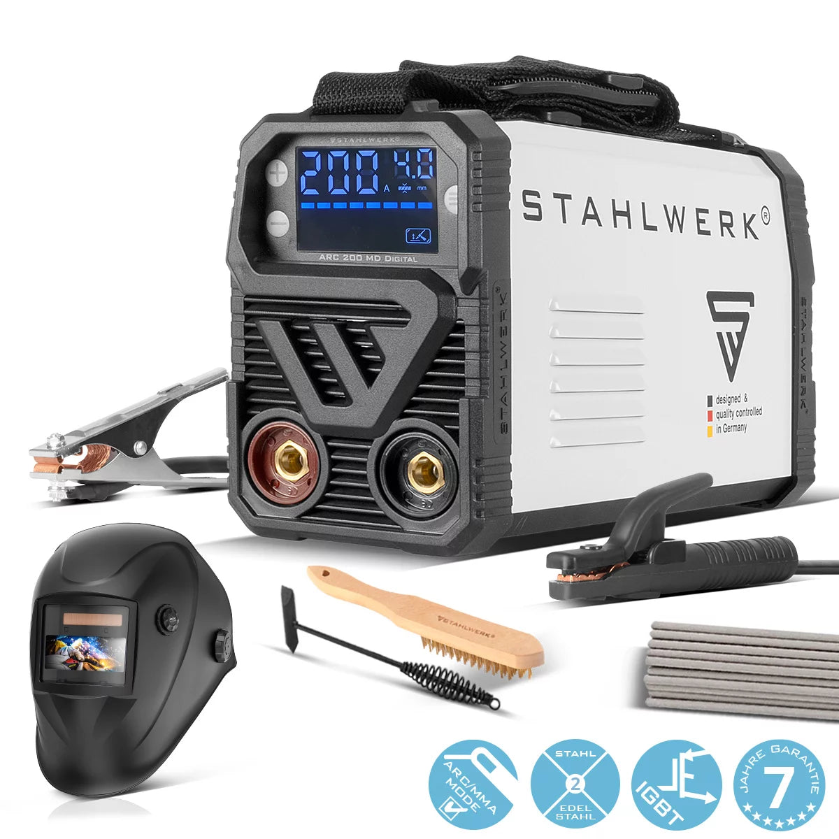 STAHLWERK Schweißgerät ARC 200 MD Digital - DC Vollausstattung MMA | E-Hand | Lift-TIG Inverter mit 200 Ampere, Digital-Display, IGBT Technologie und Single-Board