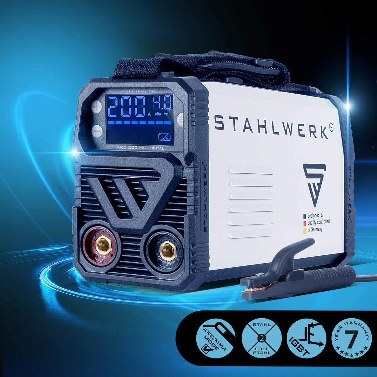 STAHLWERK Schweißgerät ARC 200 MD Digital - DC Vollausstattung MMA | E-Hand | Lift-TIG Inverter mit 200 Ampere, Digital-Display, IGBT Technologie und Single-Board