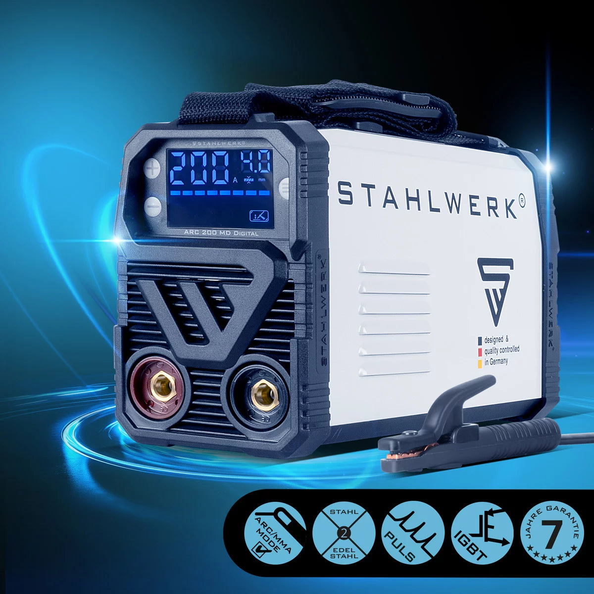 Máquina de soldadura de Steelworks ARC 200 MD Digital - DC MMA | E-Hand | Inverter Lift-Tig con 200 amperios, pantalla digital, tecnología IGBT y tablero único