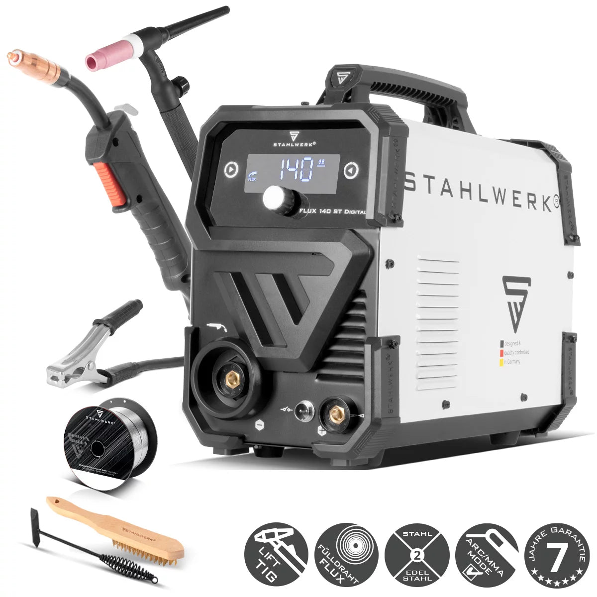 STAHLWERK Schweißgerät FLUX 140 ST Digital Lift TIG Starter Set mit 140 A, synergischem Drahtvorschub, Lift-TIG und ARC/MMA Funktion zum Schweißen ohne Schutzgas