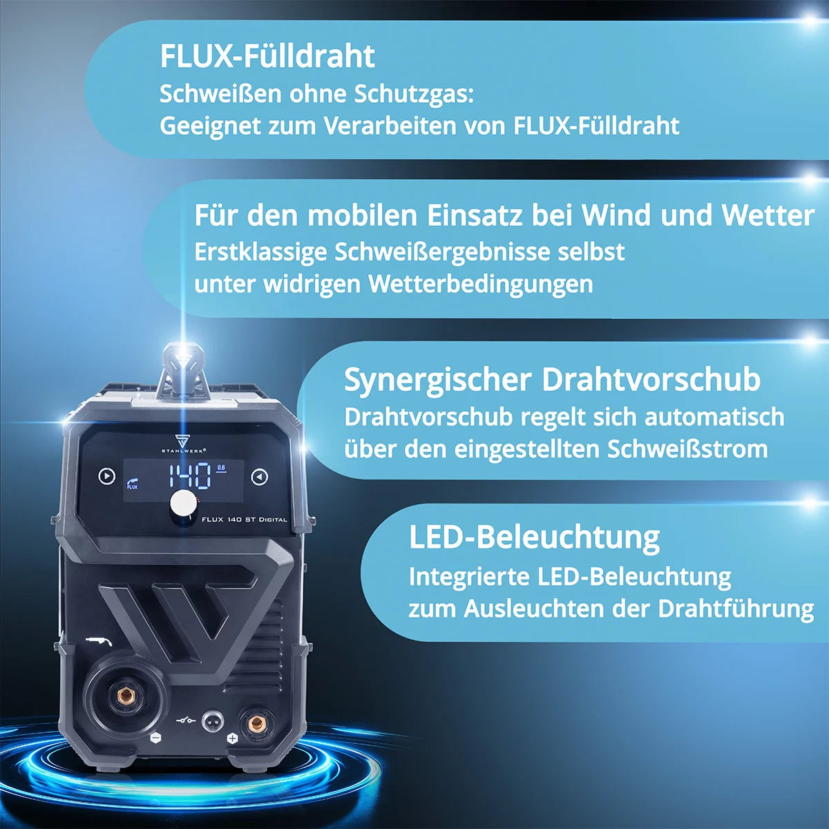 STAHLWERK Schweißgerät FLUX 140 ST Digital Lift TIG Starter Set mit 140 A, synergischem Drahtvorschub, Lift-TIG und ARC/MMA Funktion zum Schweißen ohne Schutzgas