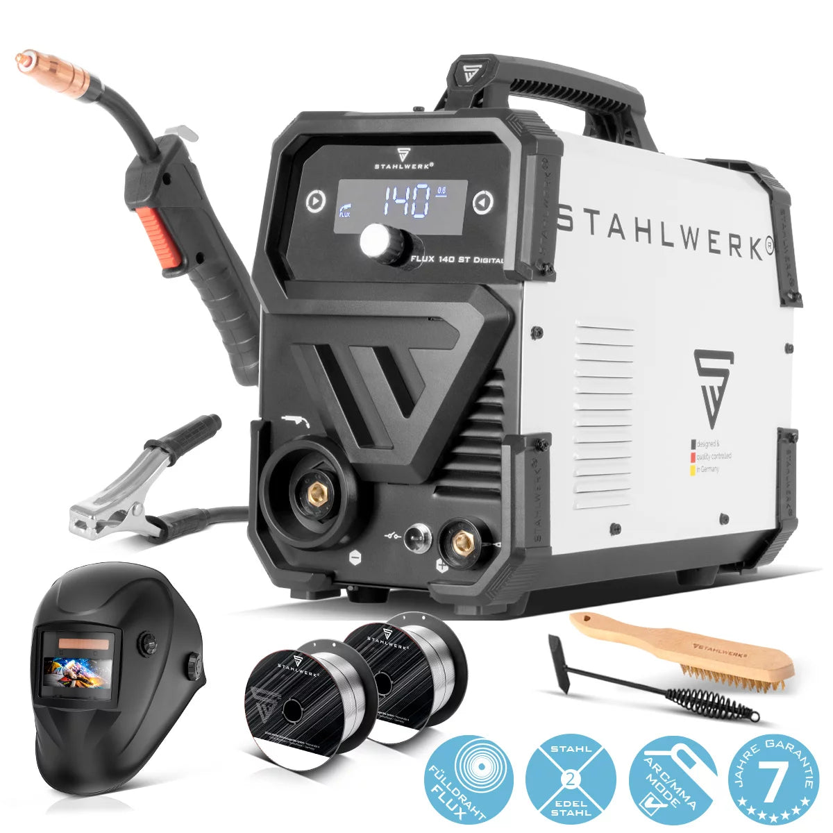 STAHLWERK Schweißgerät FLUX 140 ST Digital mit 140 A Vollausstattung, synergischem Drahtvorschub, Lift-TIG und ARC/MMA Funktion zum Schweißen ohne Schutzgas