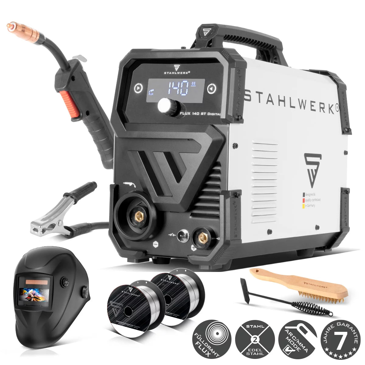 STAHLWERK Schweißgerät FLUX 140 ST Digital mit 140 A Vollausstattung, synergischem Drahtvorschub, Lift-TIG und ARC/MMA Funktion zum Schweißen ohne Schutzgas