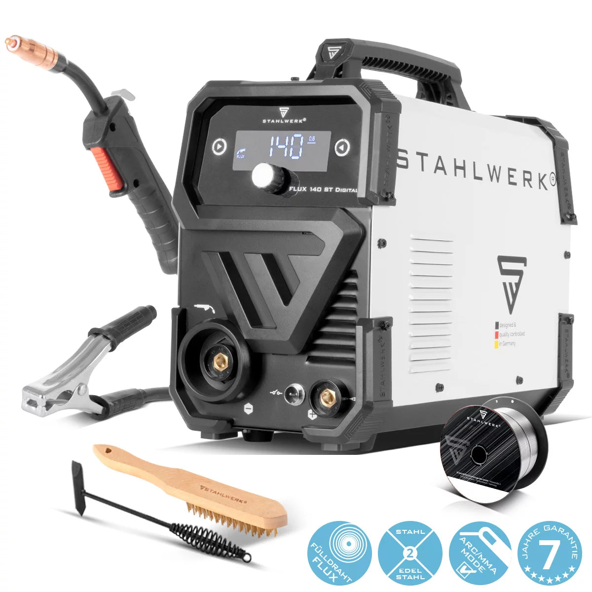 STAHLWERK Schweißgerät FLUX 140 ST Digital mit 140 A, synergischem Drahtvorschub, Lift-TIG und ARC/MMA Funktion zum Schweißen ohne Schutzgas