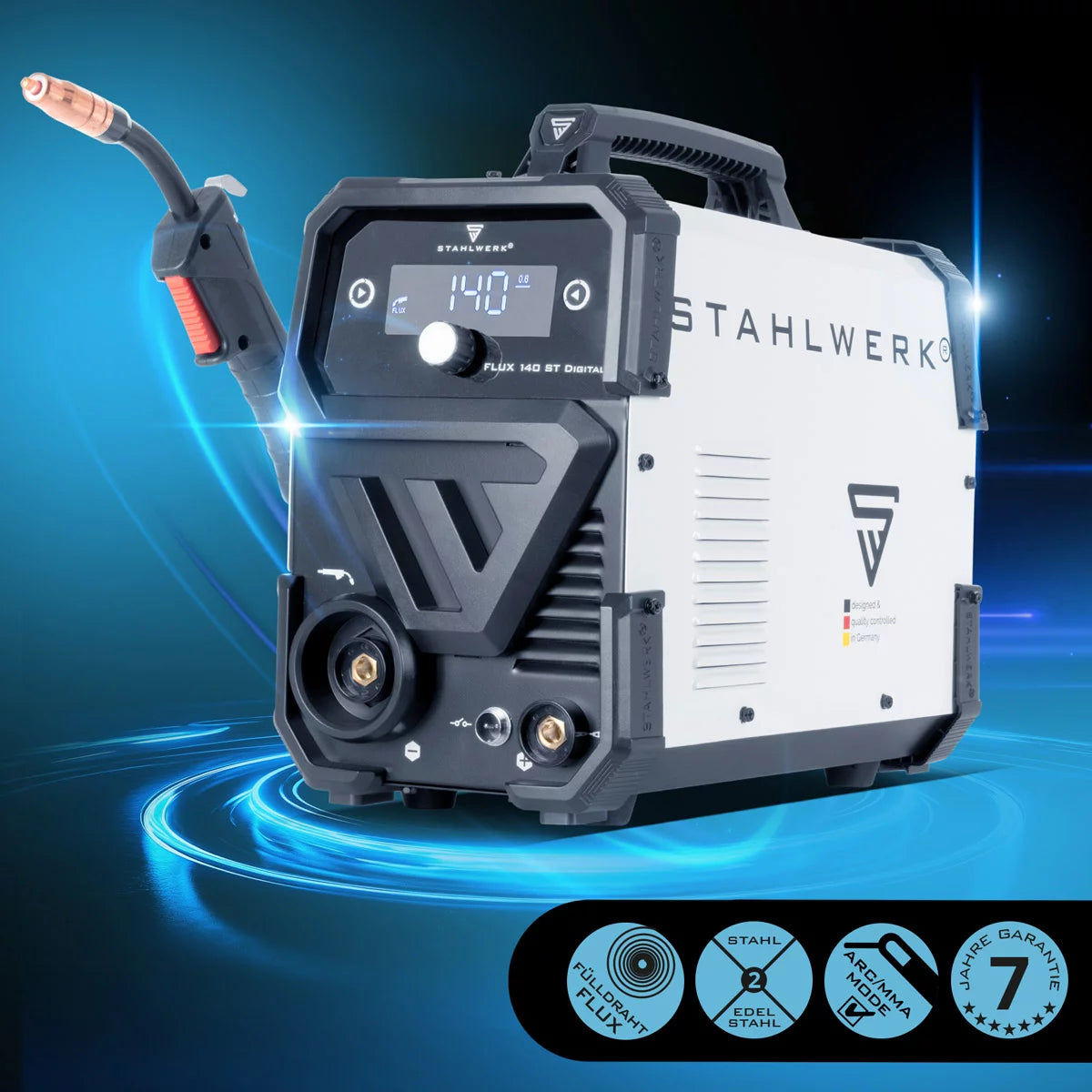 STAHLWERK Schweißgerät FLUX 140 ST Digital mit 140 A, synergischem Drahtvorschub, Lift-TIG und ARC/MMA Funktion zum Schweißen ohne Schutzgas