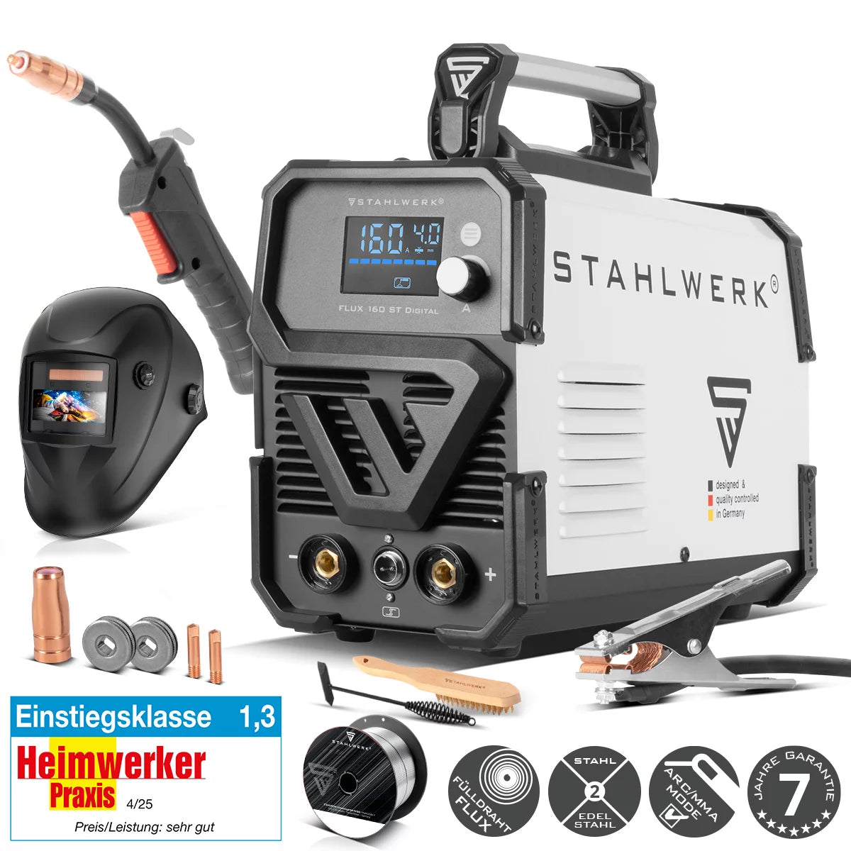 STAHLWERK Schweißgerät FLUX 160 ST Digital mit 160 A Vollausstattung, synergischem Drahtvorschub, Lift TIG und MMA Funktion zum Schweißen ohne Schutzgas