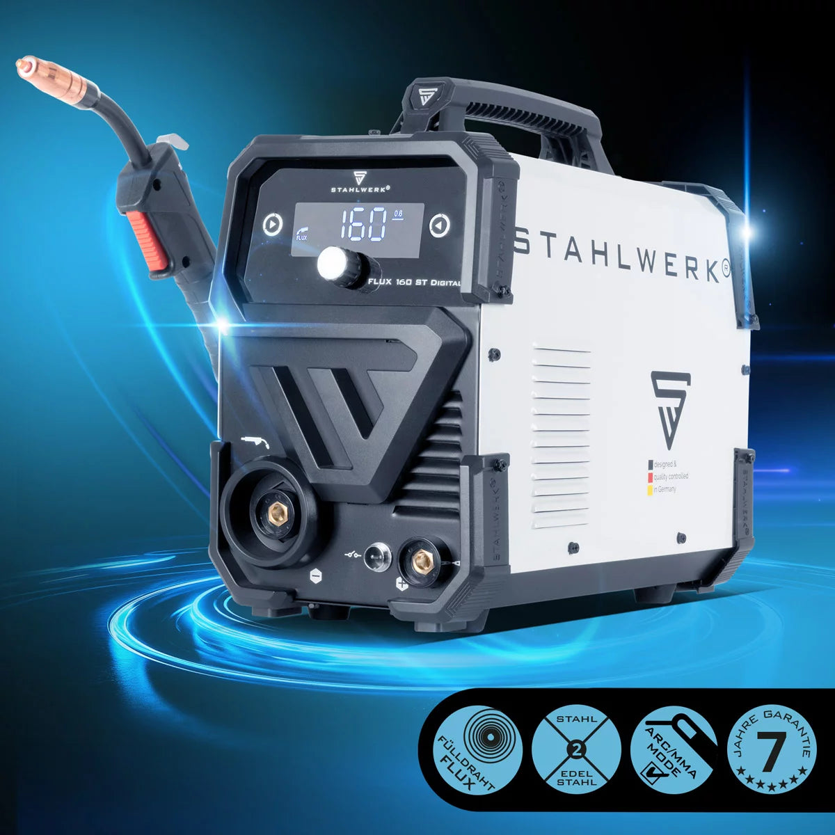 STAHLWERK FLUX 160 ST Digital | Lift TIG starter set | 3-in-1 cored wire inverter 160 A | WP-17V Universal Lift Tig Torch | Combination welding machine for FLUX, MMA, Lift-TIG | Welding without shielding gas