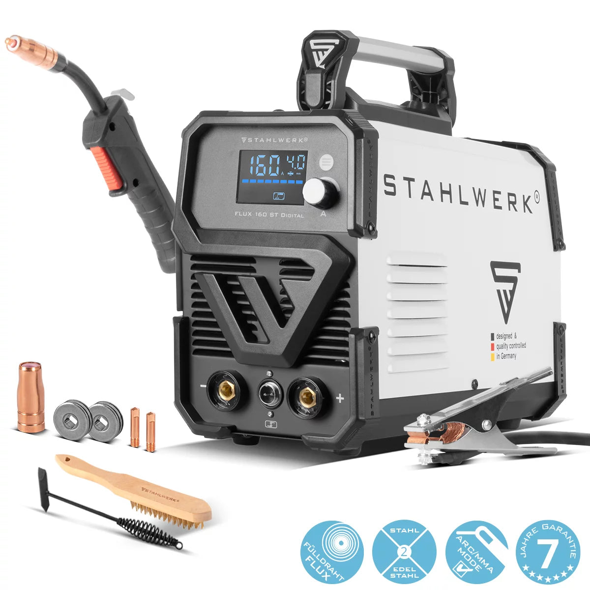 STAHLWERK Schweißgerät FLUX 160 ST Digital mit 160 A, synergischem Drahtvorschub, Lift TIG und MMA Funktion zum Schweißen ohne Schutzgas