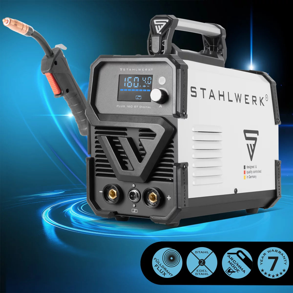 STAHLWERK Schweißgerät FLUX 160 ST Digital mit 160 A Vollausstattung, synergischem Drahtvorschub, Lift TIG und MMA Funktion zum Schweißen ohne Schutzgas
