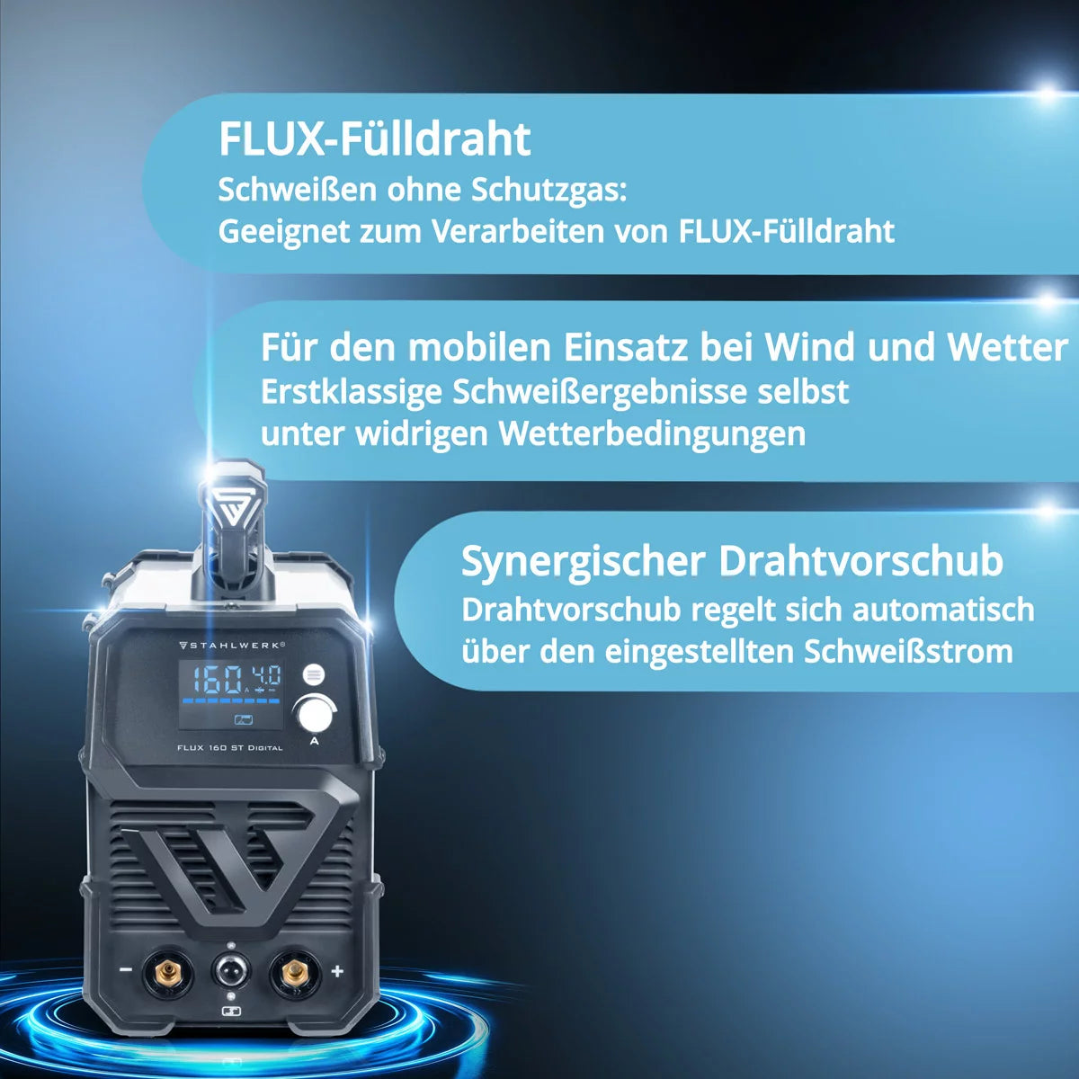 STAHLWERK Schweißgerät FLUX 160 ST Digital mit 160 A Vollausstattung, synergischem Drahtvorschub, Lift TIG und MMA Funktion zum Schweißen ohne Schutzgas