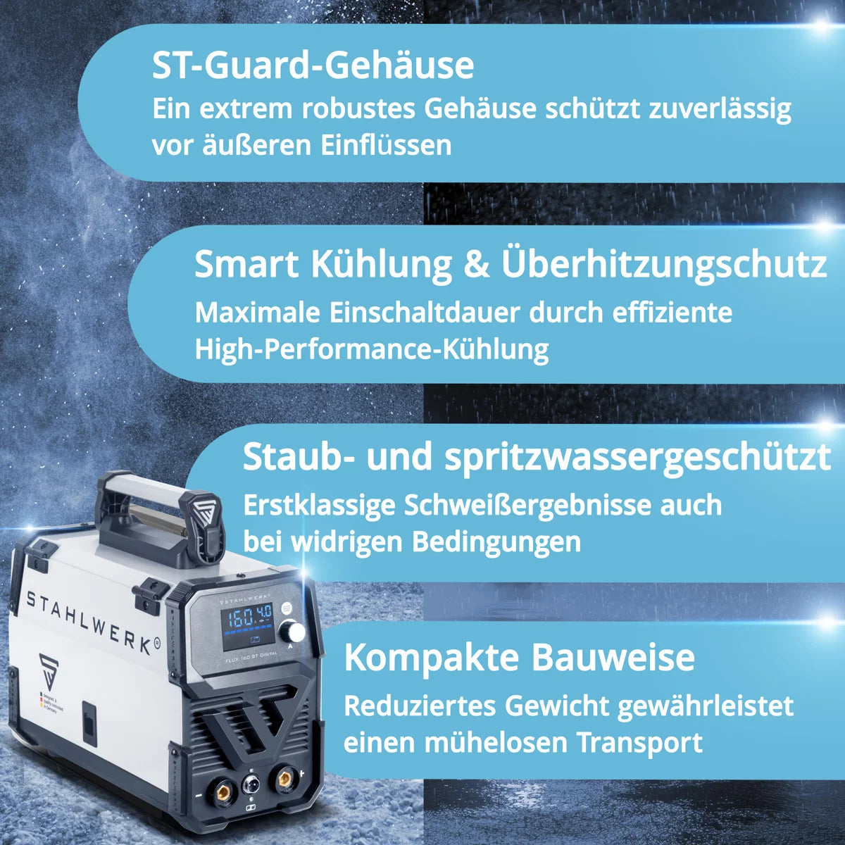 STAHLWERK Schweißgerät FLUX 160 ST Digital mit 160 A Vollausstattung, synergischem Drahtvorschub, Lift TIG und MMA Funktion zum Schweißen ohne Schutzgas