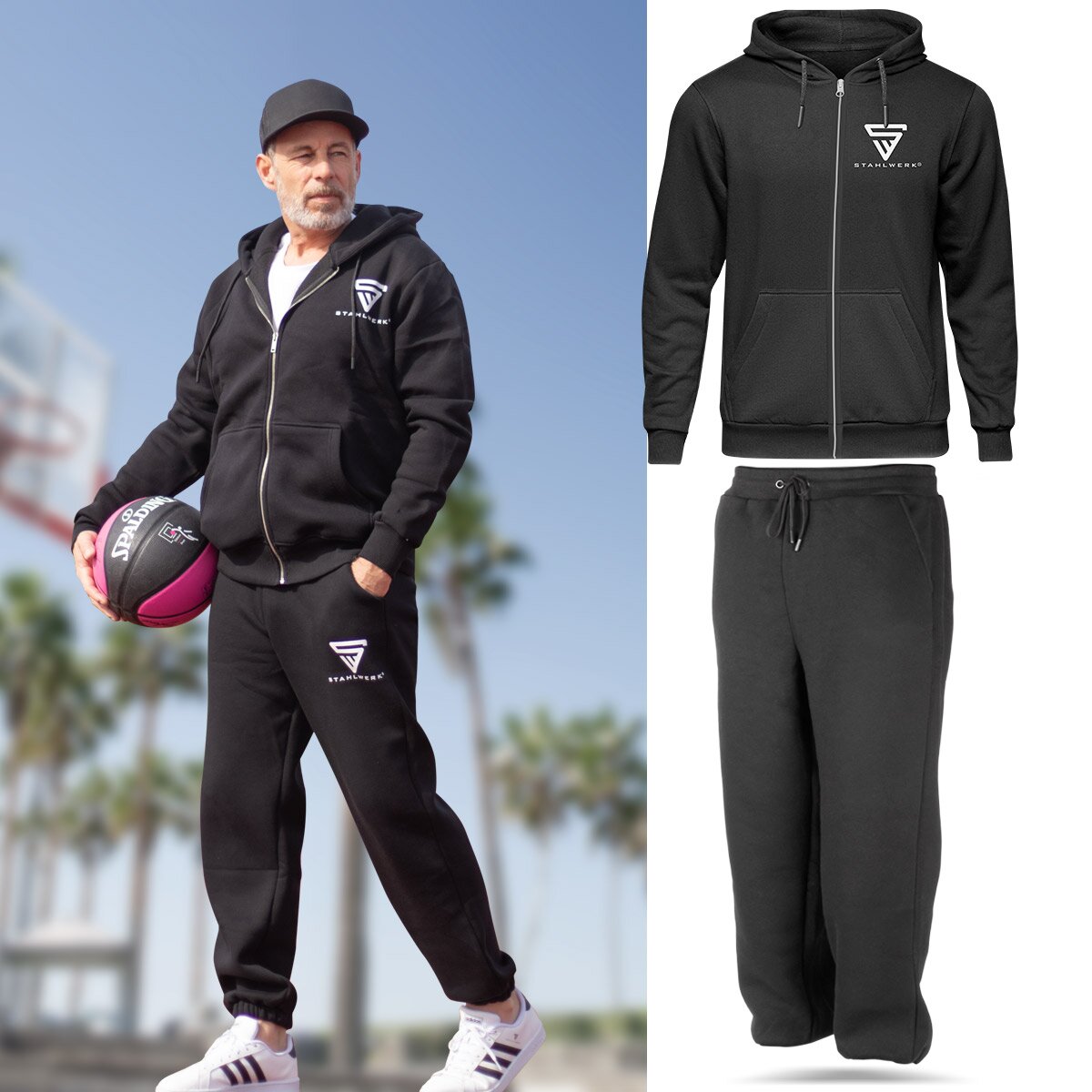 STAHLWERK Jogginganzug Schwarz Größe XL Tracksuit | Jogger | Trainingsanzug | Sportanzug | Sweatanzug | Fitnessanzug mit Hoodie und Jogginghose