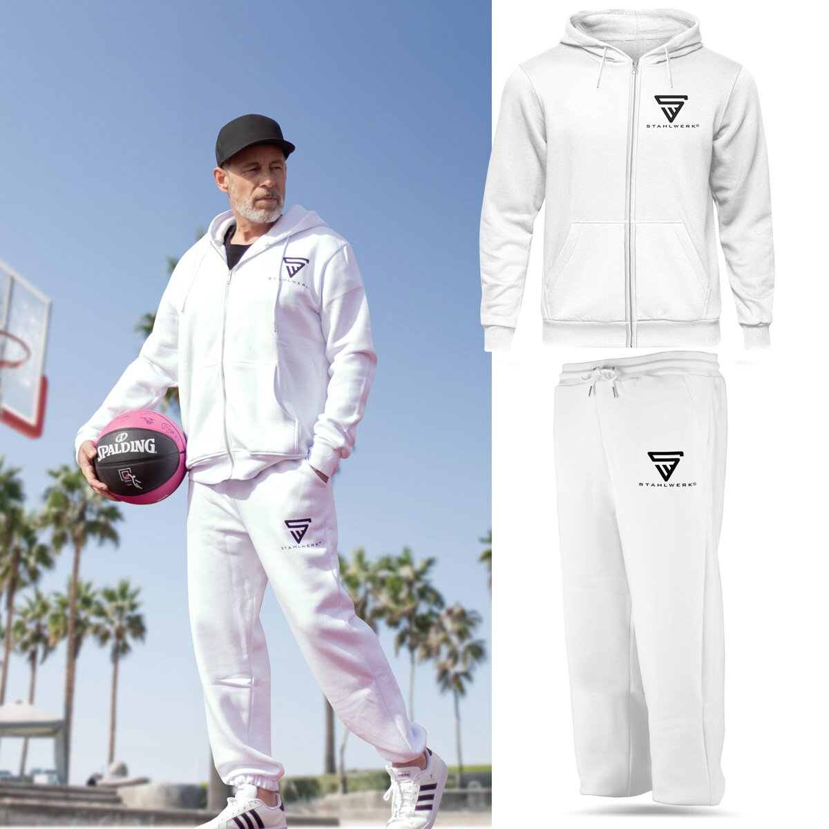 STAHLWERK Jogginganzug Weiß Größe L Tracksuit | Jogger | Trainingsanzug | Sportanzug | Sweatanzug | Fitnessanzug mit Hoodie und Jogginghose