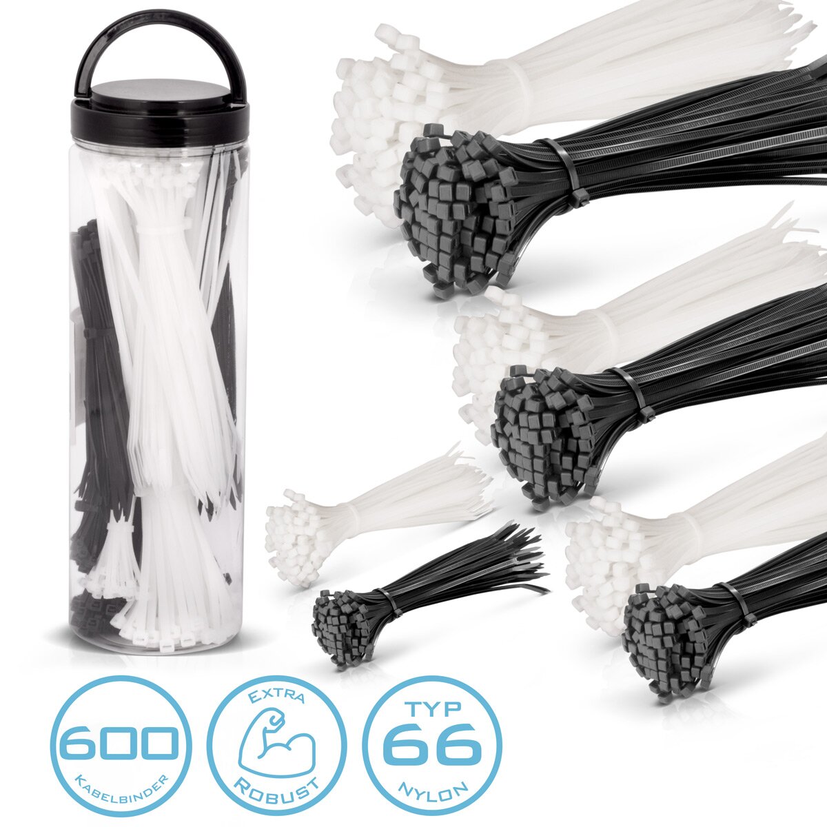 Aceroworks Cable corbata 600 set 2.5 x 150 mm | 3.6 x 150 mm | 3.6 x 200 mm | 4.8 x 300 mm en blanco y negro, correas de cables de calidad industrial, resistente a los rayos UV, extremadamente a prueba de tren, estable y duradero