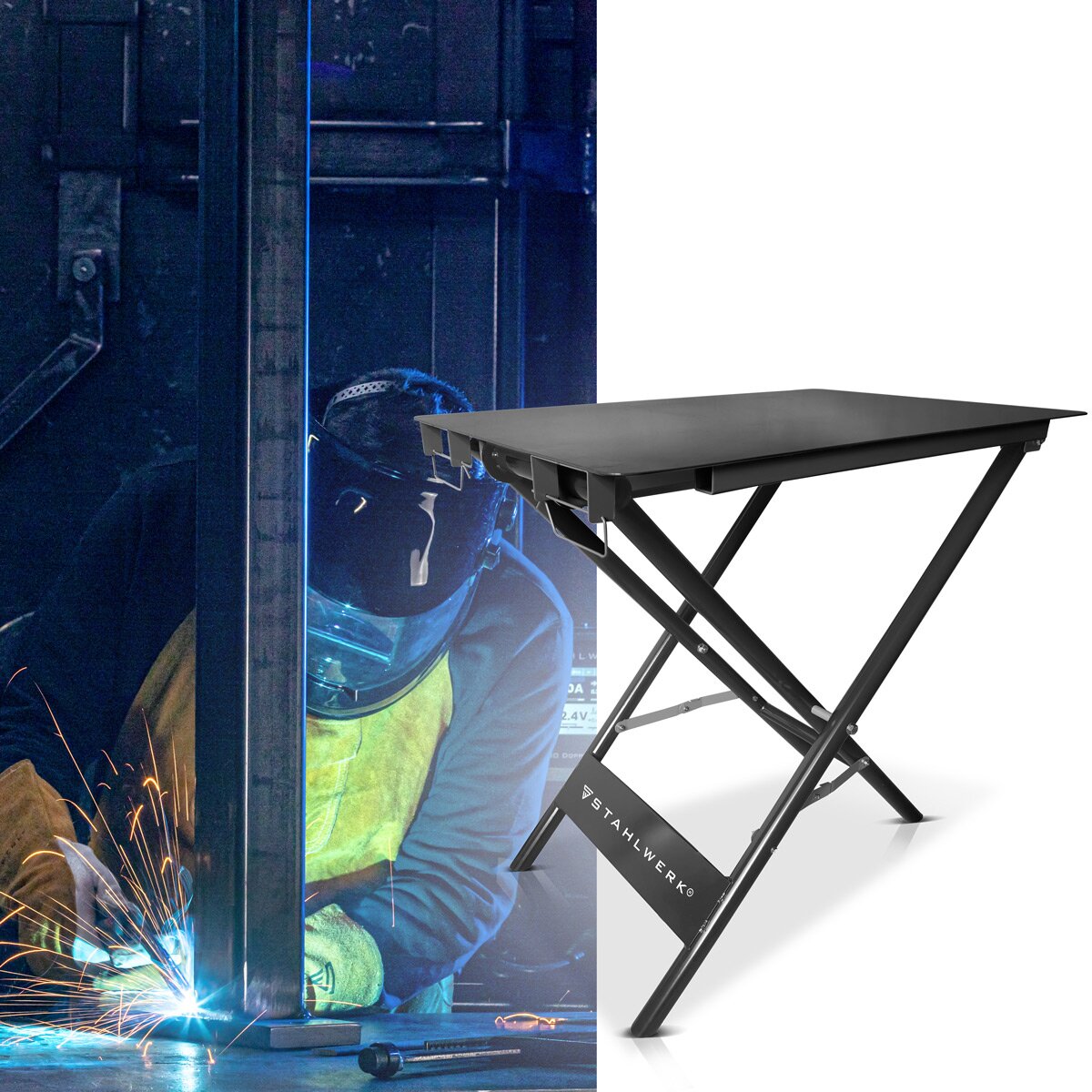 STAHLWERK Klappbarer Schweißtisch FWT-890 ST 890 x 595 mm mobiler Montagetisch mit 100 kg Tragkraft und pulverbeschichteten Beinen