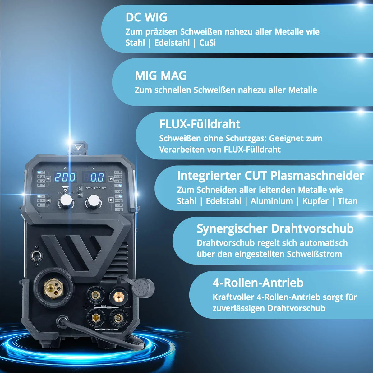 STAHLWERK CTM-250 ST Kombi-Schweißgerät WIG + MIG/MAG + MMA/ARC + CUT/Plasma mit 200 Ampere und 45 Ampere Plasma-Funktion