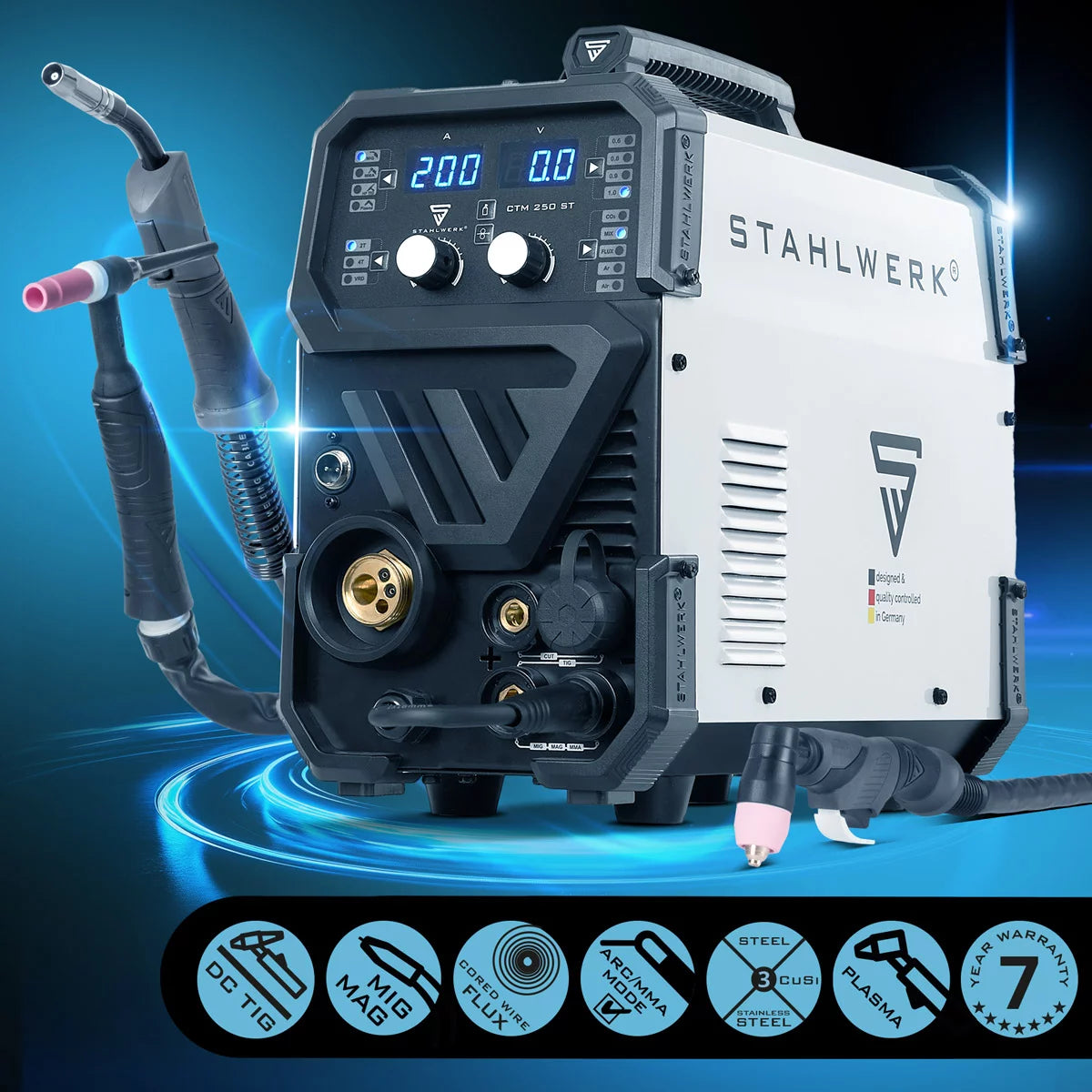 STAHLWERK CTM-250 ST combination welding machine fully equipped with TIG + MIG/MAG + MMA/ARC + CUT/Plasma with 200 amps and 45 amps plasma function