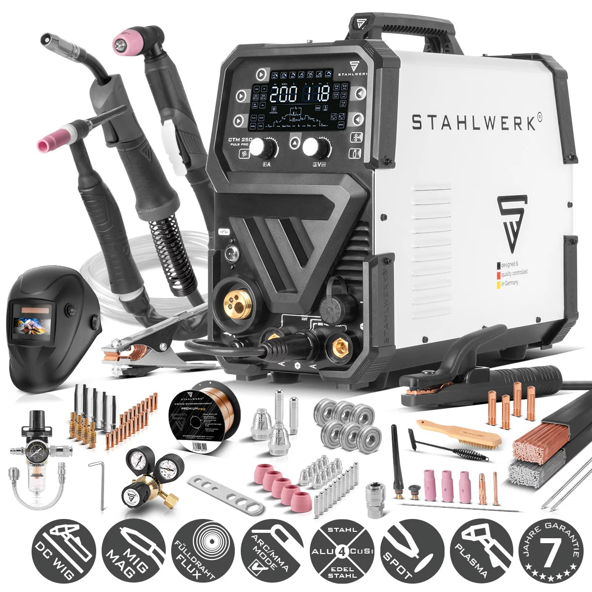 STAHLWERK combination welding machine CTM-250 Puls Pro 6-in-1 welding machine with 200 A | Fully equipped | 45A plasma cutter | Pulse function | Synergic wire feeder | TIG | MIG MAG | PULSE | MMA | FLUX