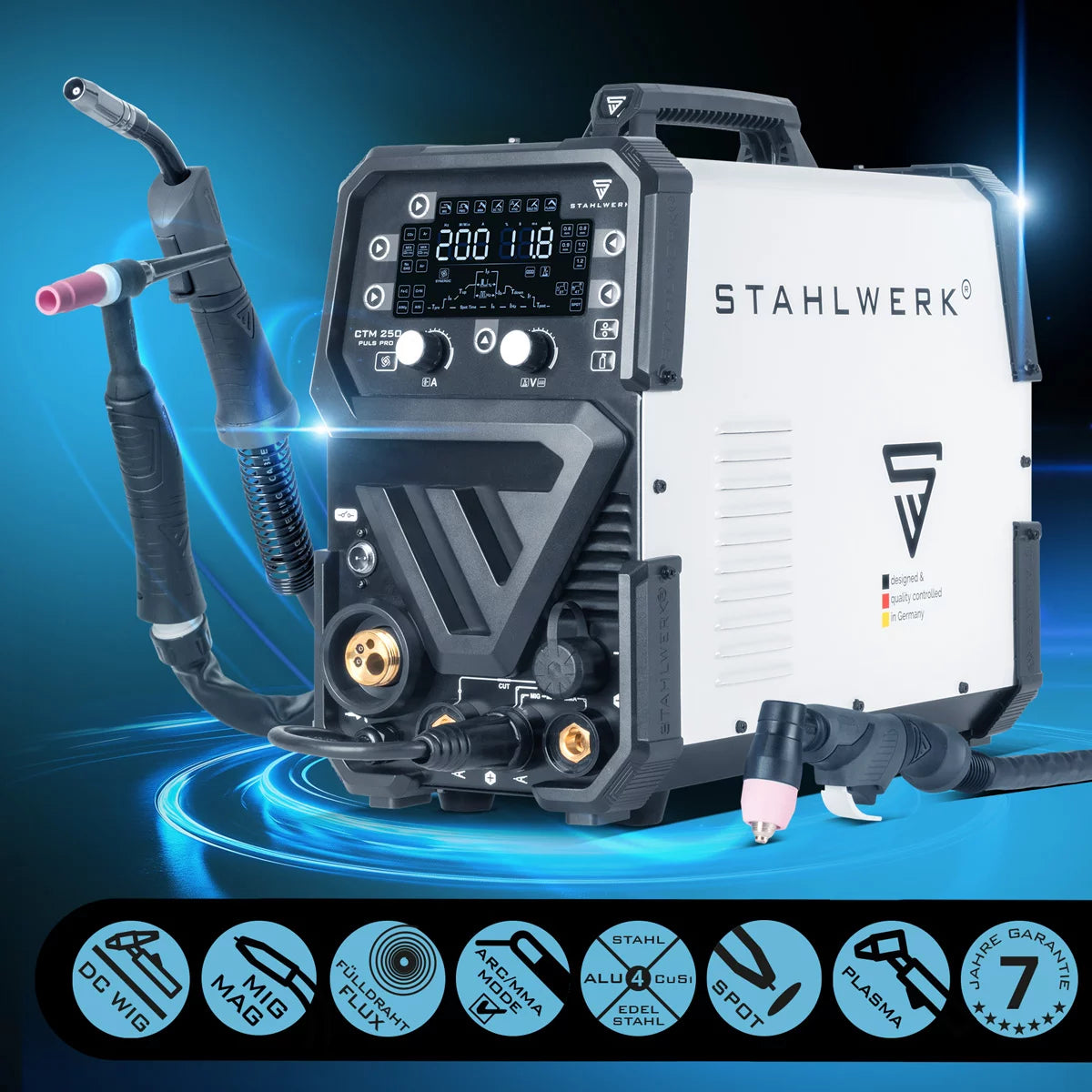 STAHLWERK combination welding machine CTM-250 Puls Pro 6-in-1 welding machine with 200 A | Fully equipped | 45A plasma cutter | Pulse function | Synergic wire feeder | TIG | MIG MAG | PULSE | MMA | FLUX