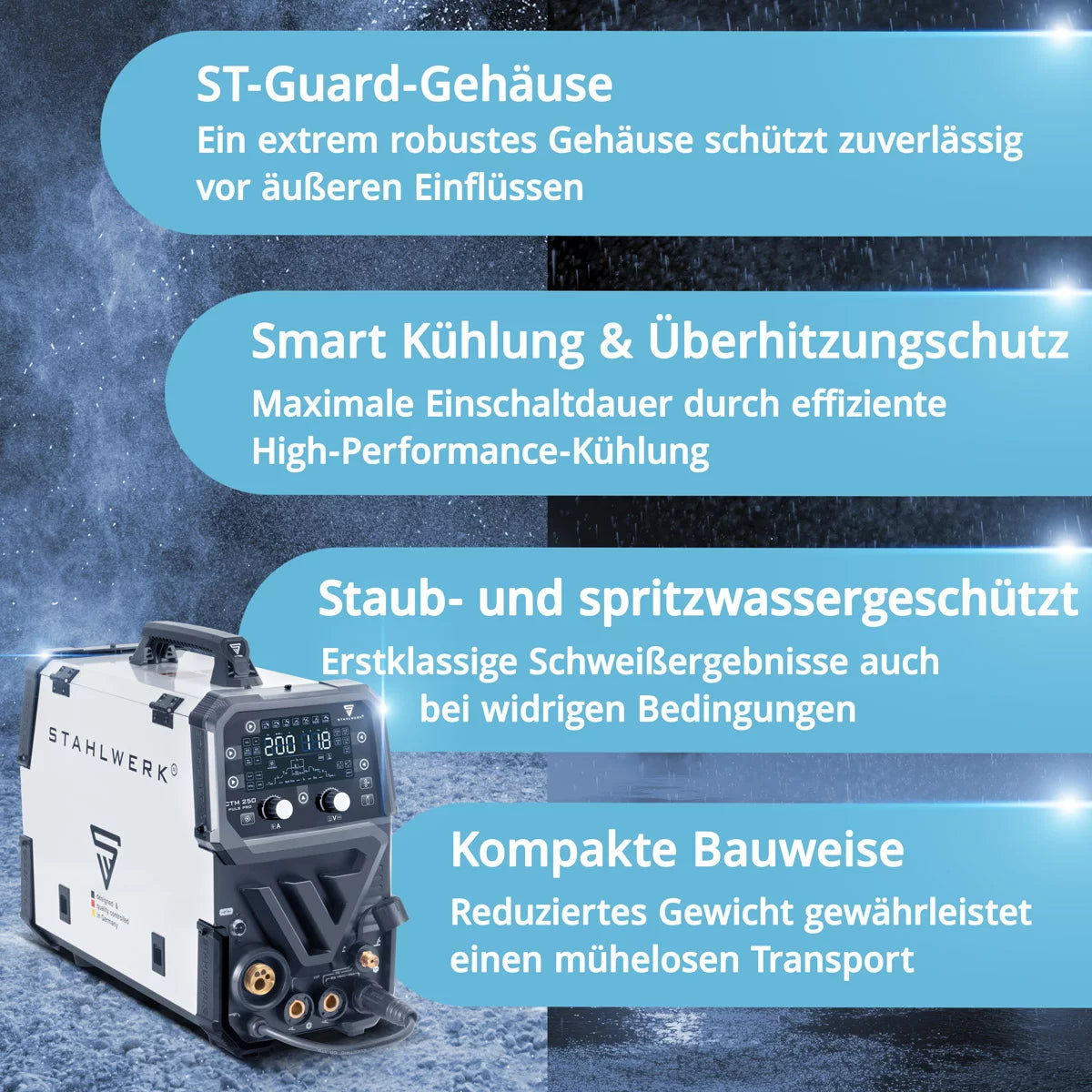 STAHLWERK combination welding machine CTM-250 Puls Pro 6-in-1 welding machine with 200 A | Fully equipped | 45A plasma cutter | Pulse function | Synergic wire feeder | TIG | MIG MAG | PULSE | MMA | FLUX
