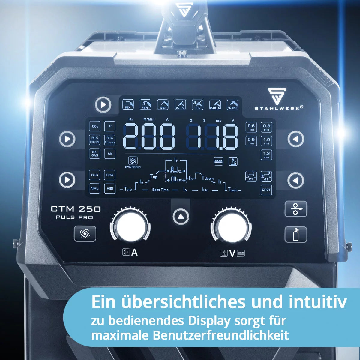 STAHLWERK combination welding machine CTM-250 Puls Pro 6-in-1 welding machine with 200 A | Fully equipped | 45A plasma cutter | Pulse function | Synergic wire feeder | TIG | MIG MAG | PULSE | MMA | FLUX