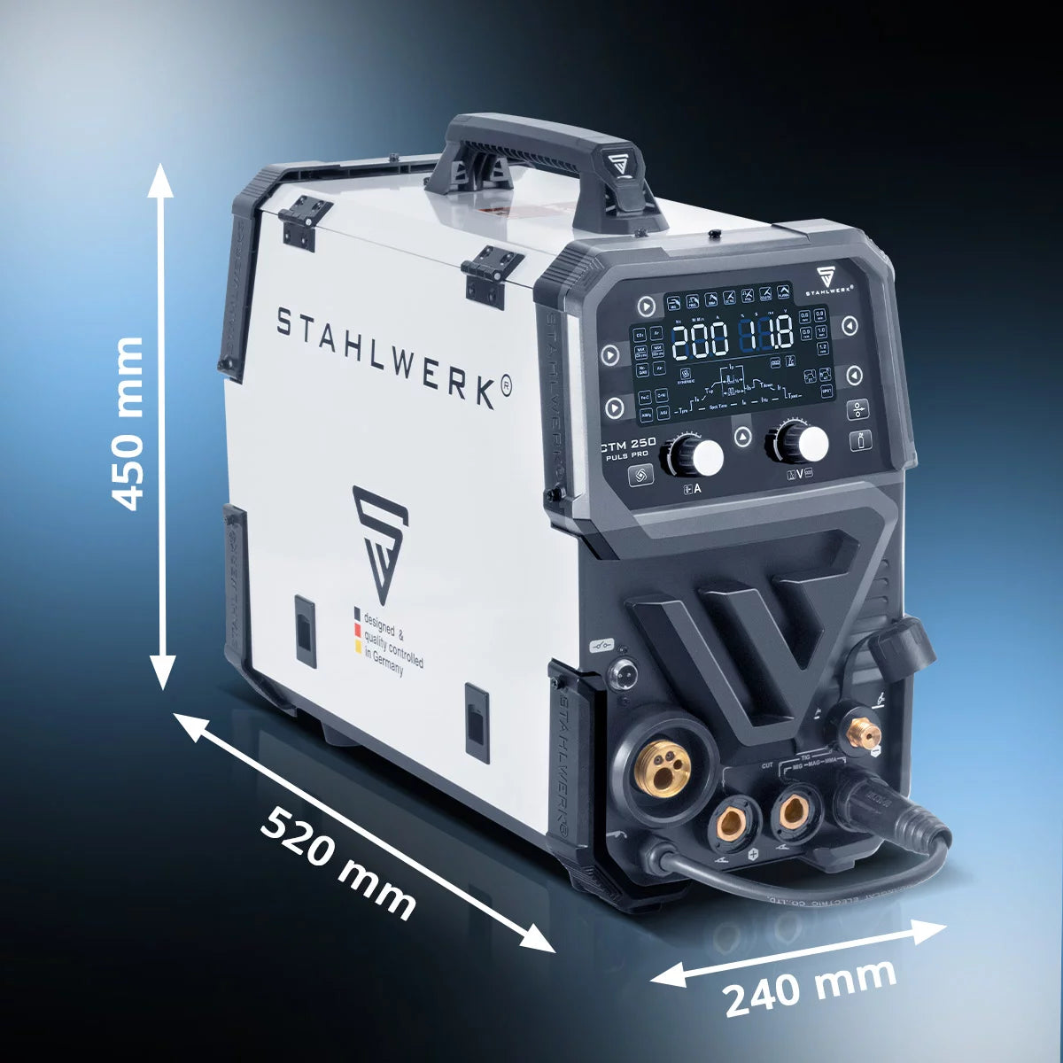 STAHLWERK combination welding machine CTM-250 Puls Pro 6-in-1 welding machine with 200 A | Fully equipped | 45A plasma cutter | Pulse function | Synergic wire feeder | TIG | MIG MAG | PULSE | MMA | FLUX