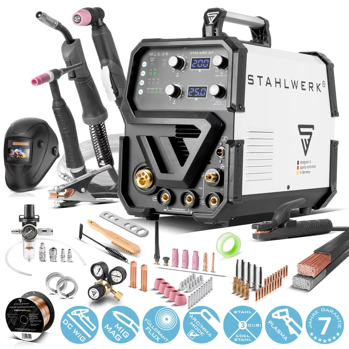 STAHLWERK CTM-250 ST Kombi-Schweißgerät WIG + MIG/MAG + MMA/E-Hand + CUT/Plasma mit 200 Ampere und 50 Ampere Plasma-Funktion Vollausstattung