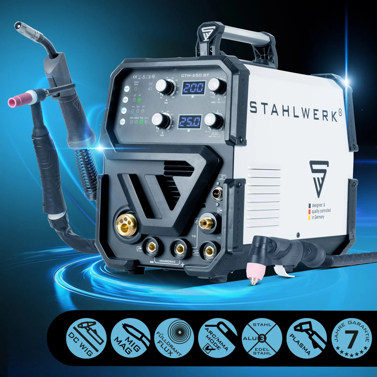 STAHLWERK CTM-2550 ST Dispositivo di saldatura Combi Wig + MIG/MAG + MMA/E-HA-HA-HA-HA-HA-Cut/Plasma con 200 Amp e 50 Ampere Plasma Funzione, molti parametri di saldatura regolabili