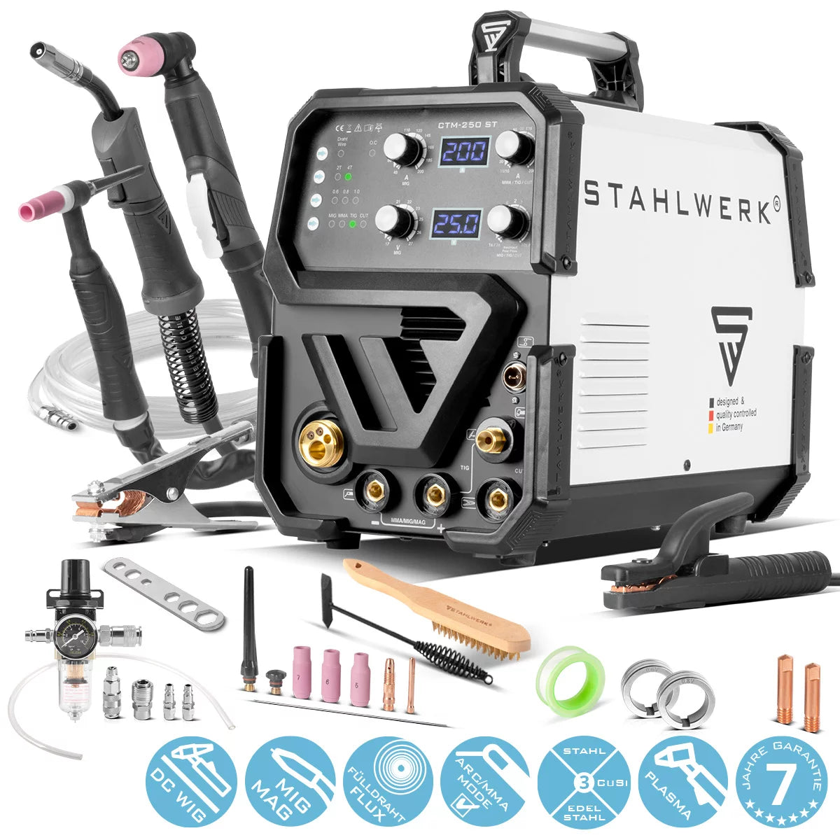 Stahlwerk CTM-2550 ST combi welding device WIG + MIG/MAG + MMA/E-Hand + Cut/Plasma with 200 amps and 50 ampere plasma function, many welding parameters adjustable