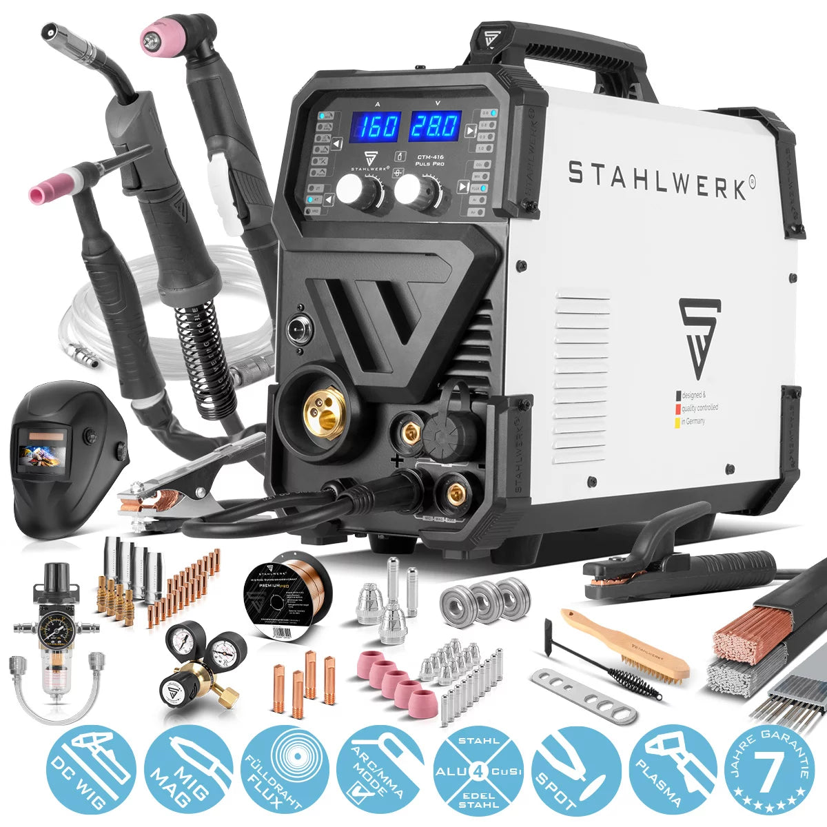 STAHLWERK Kombi-Schweißgerät CTM-416 Puls Pro Vollausstattung 6-in-1 Schutzgas-Schweißgerät | Inverter mit 160 A, Puls-Funktion, synergischem Drahtvorschub und integriertem 40 A Plasmaschneider CUT| WIG | MIG MAG | PULS | MMA | FLUX