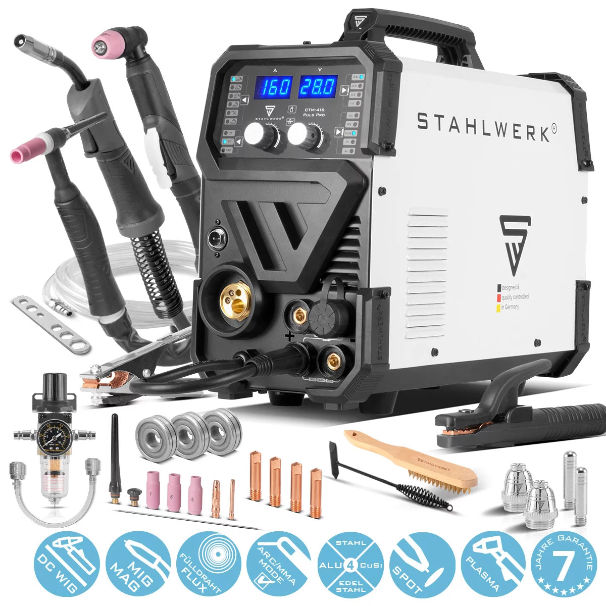 STAHLWERK Kombi-Schweißgerät CTM-416 Puls Pro 6-in-1 Schutzgas-Schweißgerät | Inverter mit 160 A, Puls-Funktion, synergischem Drahtvorschub und integriertem 40 A Plasmaschneider CUT | WIG | MIG MAG | PULS | MMA | FLUX