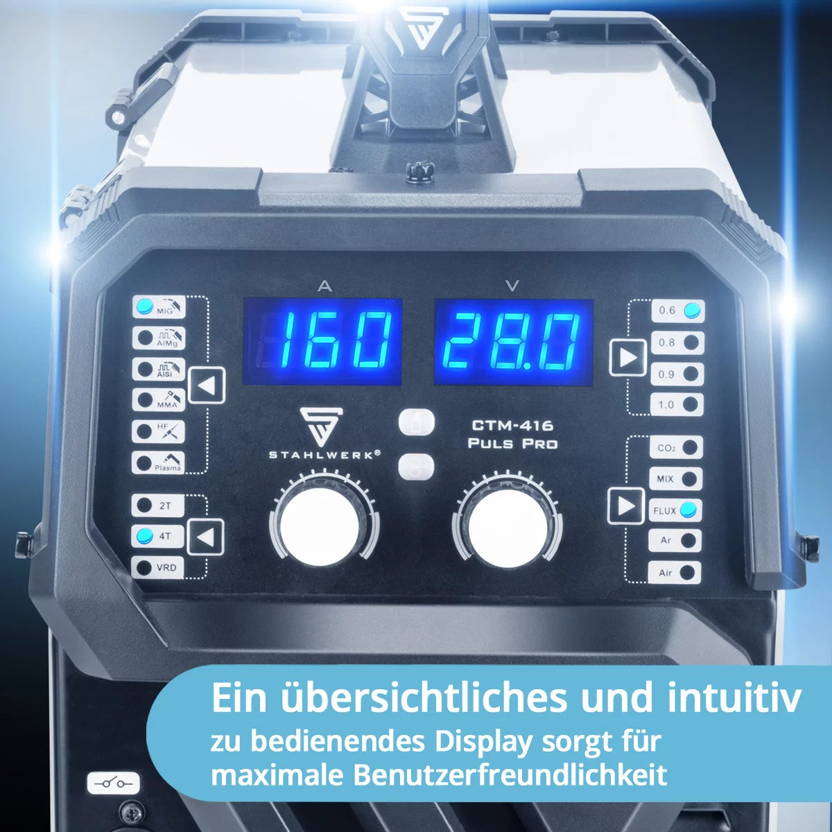 Soldadora combinada STAHLWERK CTM-416 Puls Pro Soldadora de gas inerte 6 en 1 totalmente equipada | Inversor de 160 A, función de impulsos, alimentación de hilo sinérgica y cortador de plasma integrado de 40 A CUT| TIG | MIGMAG | PULSO | MMA | FLUJO