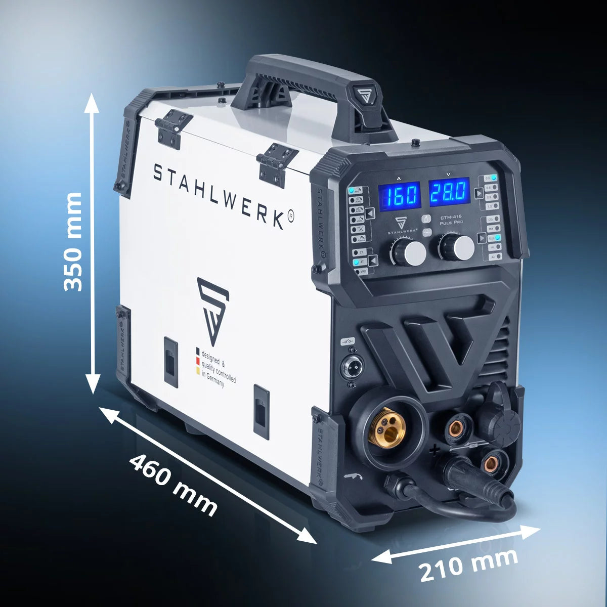 Soldadora combinada STAHLWERK CTM-416 Puls Pro Soldadora de gas inerte 6 en 1 totalmente equipada | Inversor de 160 A, función de impulsos, alimentación de hilo sinérgica y cortador de plasma integrado de 40 A CUT| TIG | MIGMAG | PULSO | MMA | FLUJO