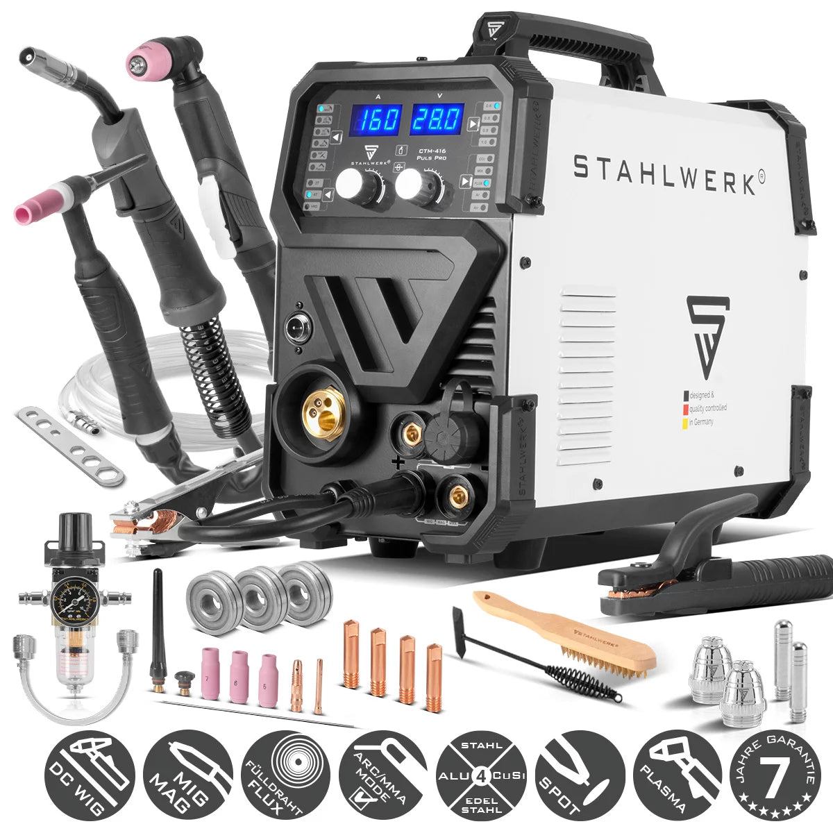 STAHLWERK welding machine CTM-416 Puls Pro 6-in-1 inert gas welding machine | Inverter with 160 A, pulse function for aluminum and 40 A plasma cutter CUT | TIG | MIG MAG | PULSE | MMA | FLUX