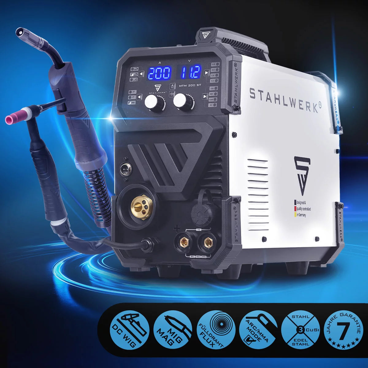 STAHLWERK MTM-200 ST 3-in-1 Schutzgas-Schweißgerät | 200 A Kombi-Inverter für WIG, MIG/MAG, MMA, FLUX, CuSi3-Löten | HF-Zündung | Synergischer Drahtvorschub | VRD und Hotstart | 2-Takt / 4-Takt Modus