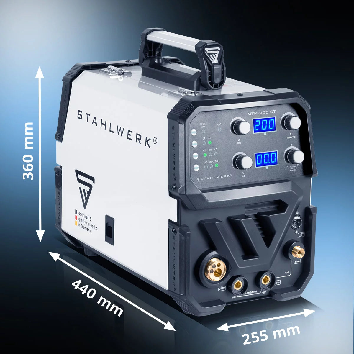 Stahlwerk combi welding device MTM-200 ST full equipment 3-in-1 protective gas welding device | Inverter with 200 A and synergic wire feed for WIG | Mig Mag | MMA