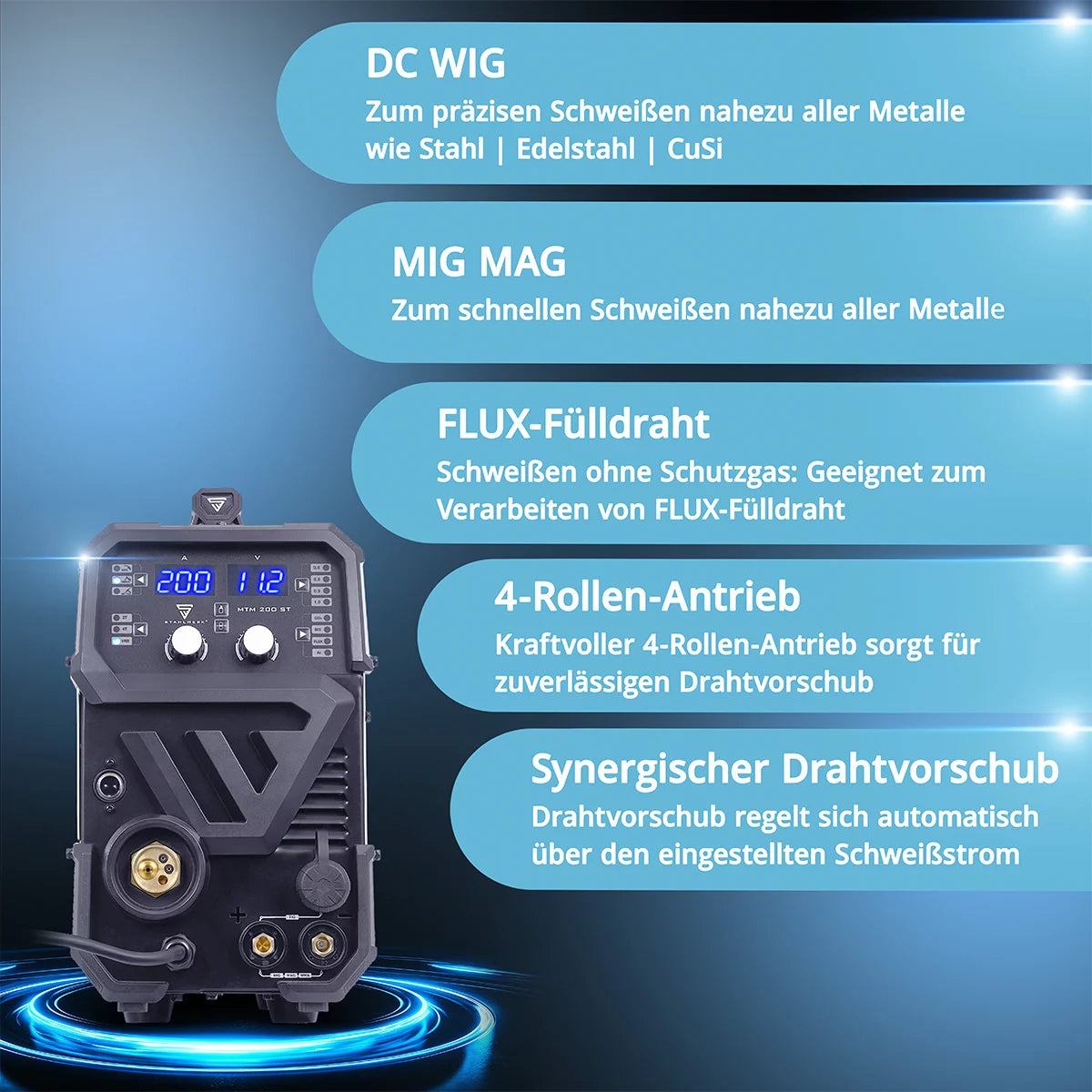 ماكينة لحام بالغاز الخامل STAHLWERK MTM-200 ST 3 في 1 مجهزة بالكامل | 200 عاكس مركب لحام TIG، MIG/MAG، MMA، FLUX، CuSi3 | اشتعال التردد العالي | مغذي الأسلاك التآزرية | VRD وHotstart | وضع 2 شوط / 4 شوط
