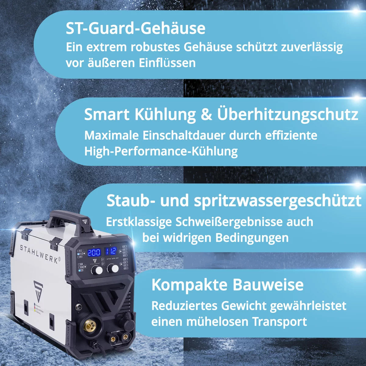 ماكينة لحام بالغاز الخامل STAHLWERK MTM-200 ST 3 في 1 مجهزة بالكامل | 200 عاكس مركب لحام TIG، MIG/MAG، MMA، FLUX، CuSi3 | اشتعال التردد العالي | مغذي الأسلاك التآزرية | VRD وHotstart | وضع 2 شوط / 4 شوط