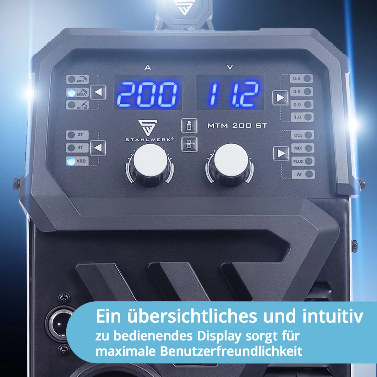 ماكينة لحام بالغاز الخامل STAHLWERK MTM-200 ST 3 في 1 مجهزة بالكامل | 200 عاكس مركب لحام TIG، MIG/MAG، MMA، FLUX، CuSi3 | اشتعال التردد العالي | مغذي الأسلاك التآزرية | VRD وHotstart | وضع 2 شوط / 4 شوط