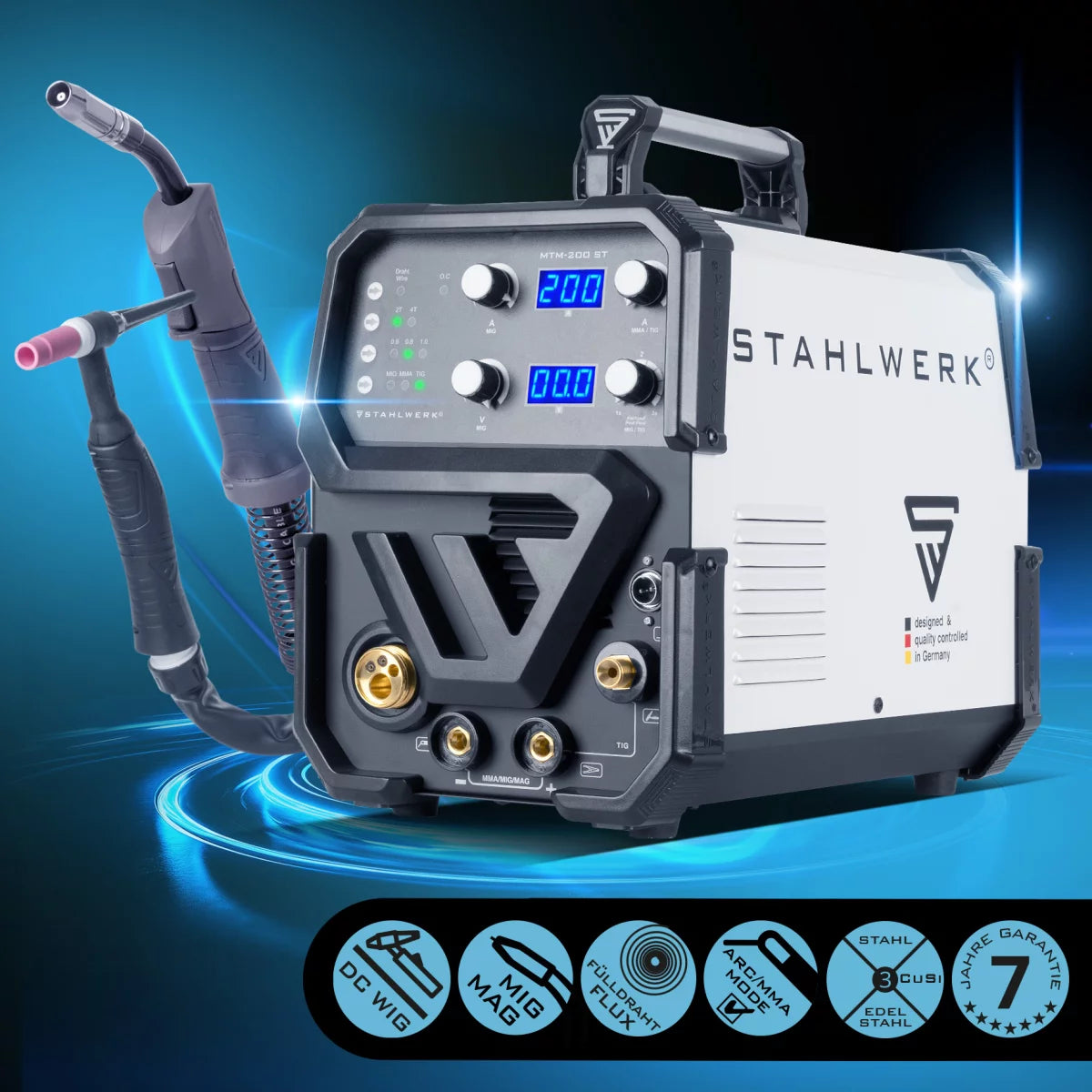 Dispositivo de soldadura Combi Stahlwerk MTM-200 ST Equipo completo 3 en 1 Dispositivo de soldadura de gas protector | Inversor con 200 A y alimentación de alambre sinérgico para peluca | Mig Mag | MMA