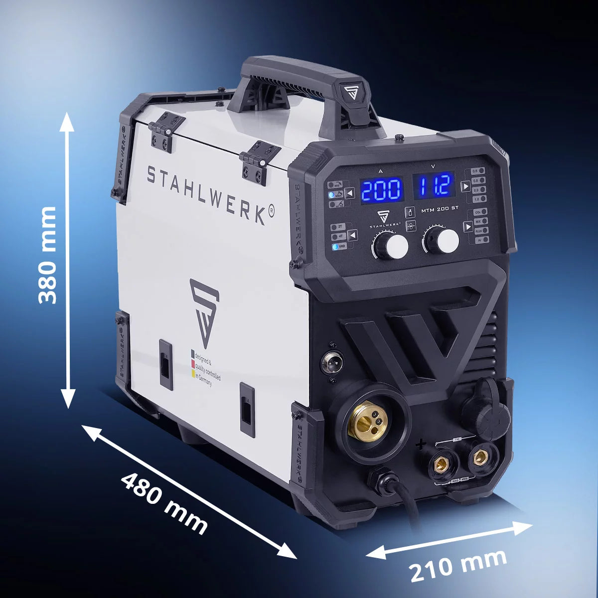 ماكينة لحام بالغاز الخامل STAHLWERK MTM-200 ST 3 في 1 مجهزة بالكامل | 200 عاكس مركب لحام TIG، MIG/MAG، MMA، FLUX، CuSi3 | اشتعال التردد العالي | مغذي الأسلاك التآزرية | VRD وHotstart | وضع 2 شوط / 4 شوط