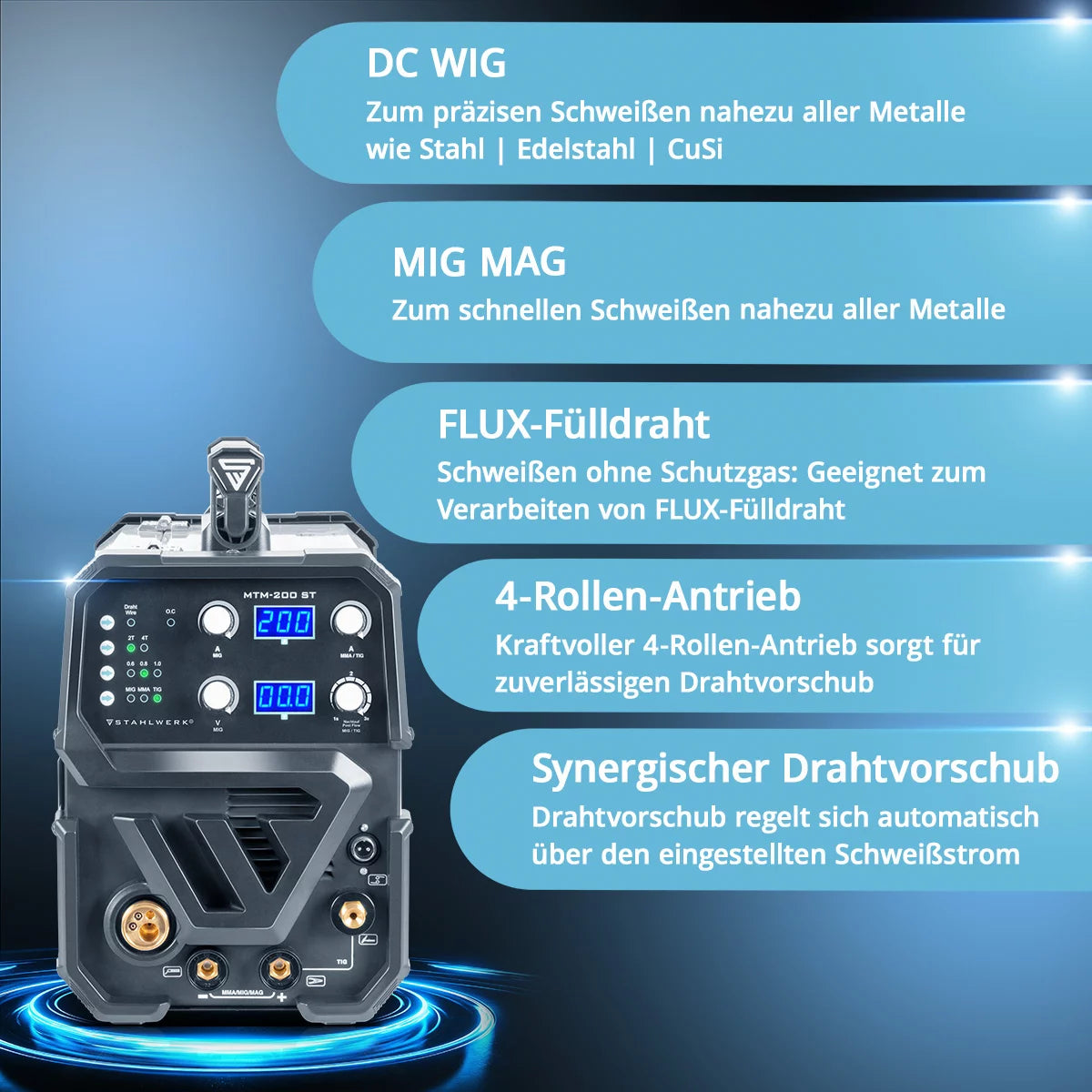 Stahlwerk combi welding device MTM-200 ST 3-in-1 protective gas welding device | Inverter with 200 A and synergic wire feed for WIG | Mig Mag | MMA