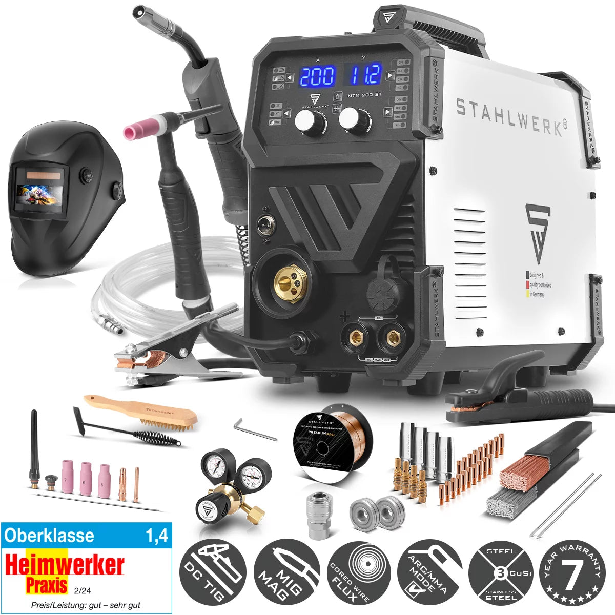 ماكينة لحام بالغاز الخامل STAHLWERK MTM-200 ST 3 في 1 مجهزة بالكامل | 200 عاكس مركب لحام TIG، MIG/MAG، MMA، FLUX، CuSi3 | اشتعال التردد العالي | مغذي الأسلاك التآزرية | VRD وHotstart | وضع 2 شوط / 4 شوط