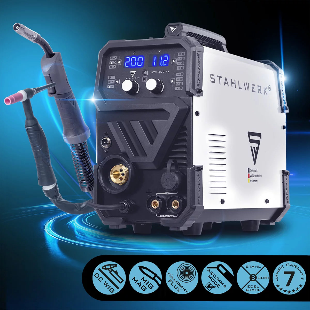 ماكينة لحام بالغاز الخامل STAHLWERK MTM-200 ST 3 في 1 مجهزة بالكامل | 200 عاكس مركب لحام TIG، MIG/MAG، MMA، FLUX، CuSi3 | اشتعال التردد العالي | مغذي الأسلاك التآزرية | VRD وHotstart | وضع 2 شوط / 4 شوط