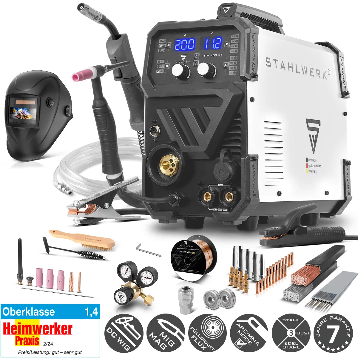 Dispositif de soudage Stahlwerk Combi MTM-200 St Équipement complet 3-en-1 Dispositif de soudage de gaz protecteur | Onduleur avec 200 A et un fil à fil synergique pour la perruque | Mig mag | MMA
