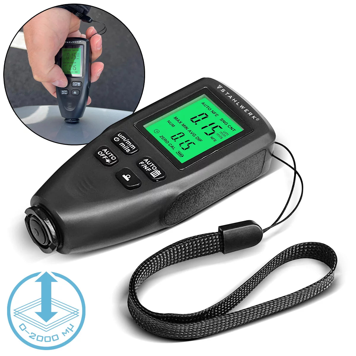 STAHLWERK Schichtdickenmesser | Kompakter Lackdickenprüfer 0-2000 µm für KFZ und Materialprüfung | Dual-Sonde-Messgerät zur Bestimmung von Lackdicken | Präziser Fe/NFe Lackdickenmesser für Metall