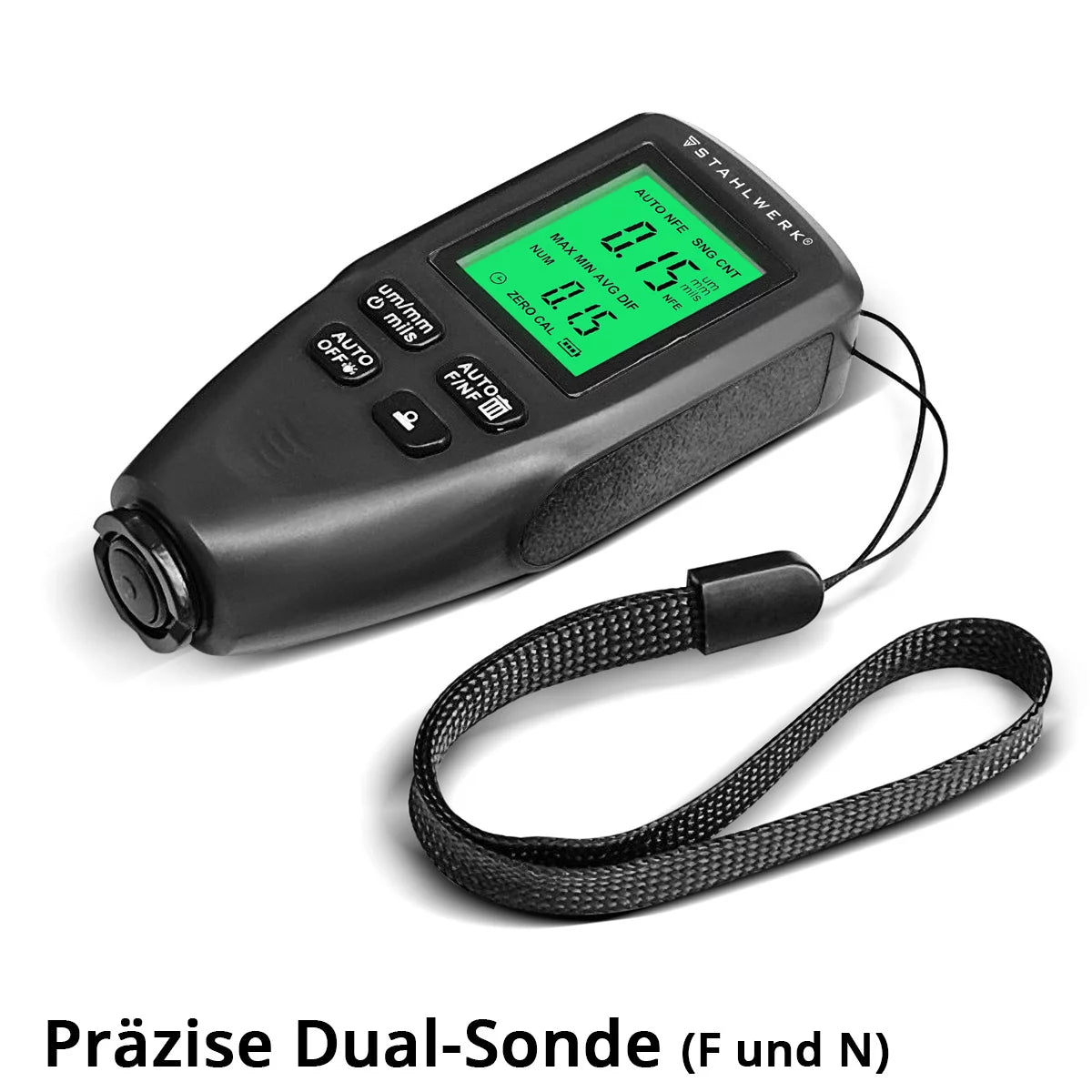 STAHLWERK Schichtdickenmesser | Kompakter Lackdickenprüfer 0-2000 µm für KFZ und Materialprüfung | Dual-Sonde-Messgerät zur Bestimmung von Lackdicken | Präziser Fe/NFe Lackdickenmesser für Metall