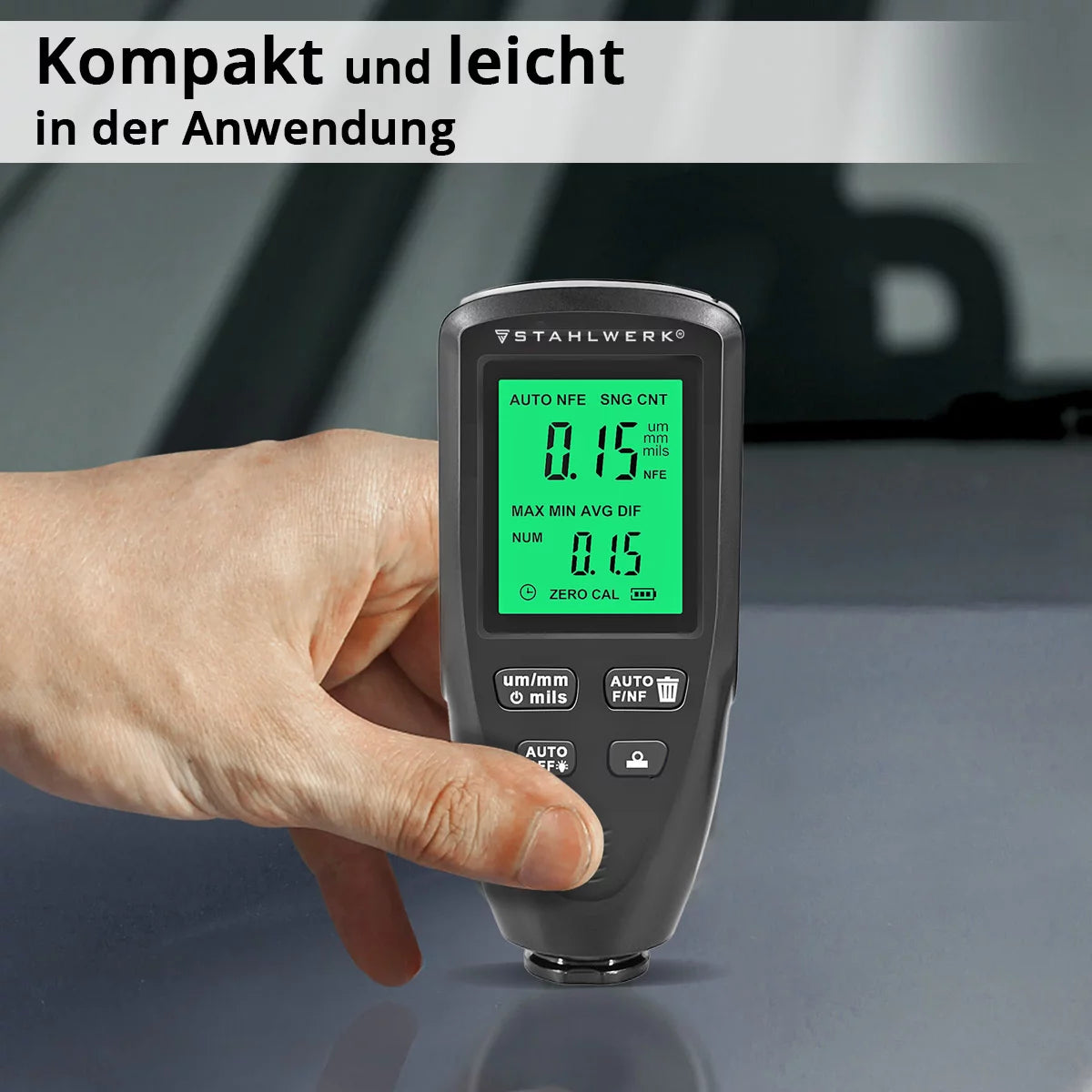 STAHLWERK Schichtdickenmesser | Kompakter Lackdickenprüfer 0-2000 µm für KFZ und Materialprüfung | Dual-Sonde-Messgerät zur Bestimmung von Lackdicken | Präziser Fe/NFe Lackdickenmesser für Metall