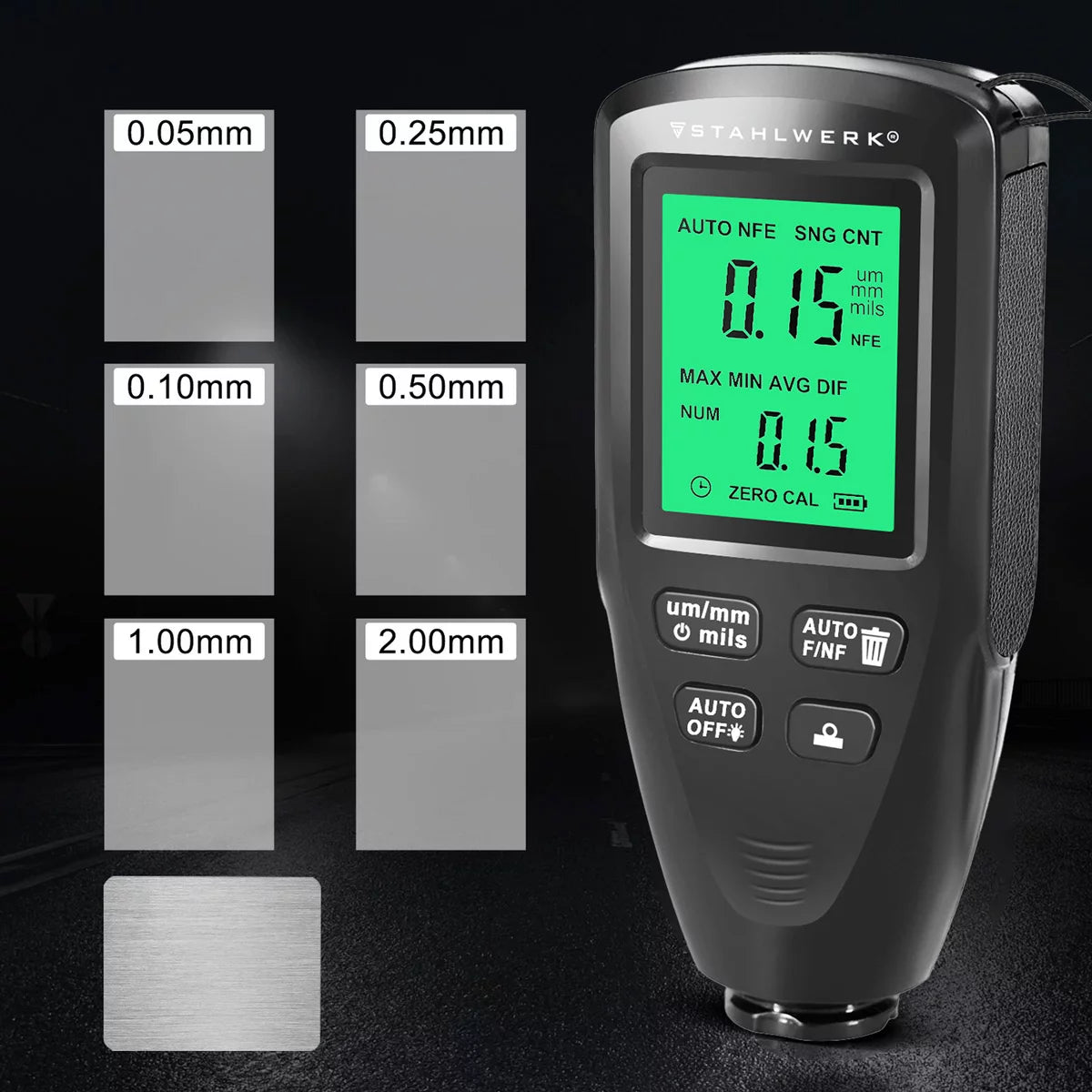 STAHLWERK Schichtdickenmesser | Kompakter Lackdickenprüfer 0-2000 µm für KFZ und Materialprüfung | Dual-Sonde-Messgerät zur Bestimmung von Lackdicken | Präziser Fe/NFe Lackdickenmesser für Metall